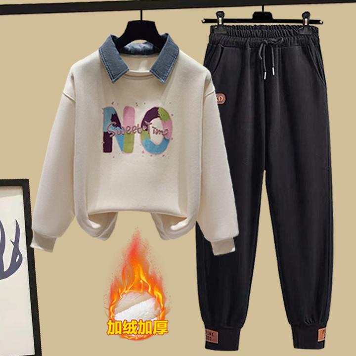 初中生运动套装少女时尚秋冬装加绒休闲polo领卫衣高中学生两件套