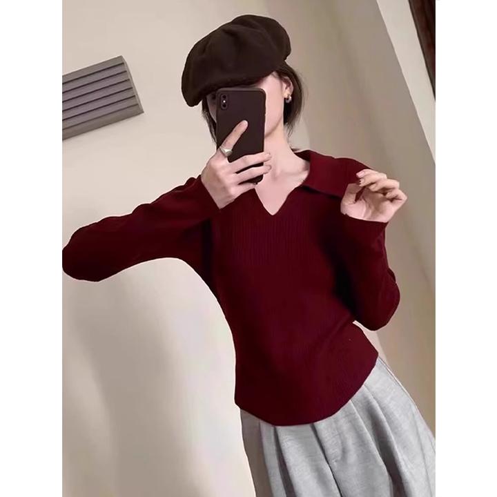 polo领红色高档针织衫女秋冬气质翻领打底毛衣设计感修身内搭上衣