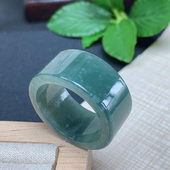 内径21优惠纯天然A货老坑料冰润蓝色雪花棉男款方宽边扳指环