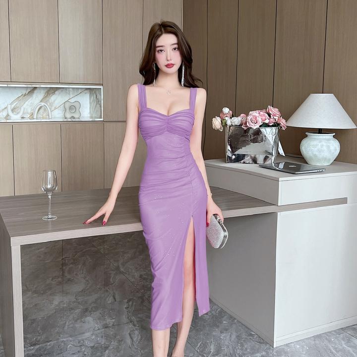 夜店纯欲性感网纱吊带连衣裙女高级感高端宴会气质开叉礼服长裙子