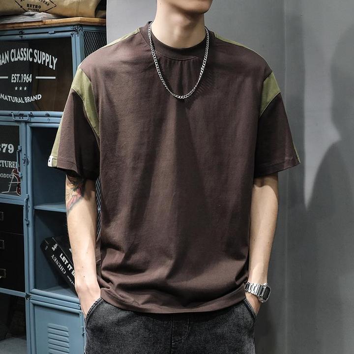 美式街头潮流拼接重磅短袖T恤男宽松爆款夏季ins百搭复古纯棉半袖
