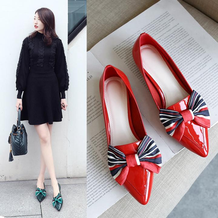 单鞋女春秋季新款尖头平底鞋黑色四季瓢鞋蝴蝶结红色婚鞋小皮鞋子