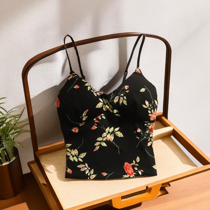 黑色碎花吊带背心女内搭夏季复古v领修身气质短款甜辣妹上衣外穿