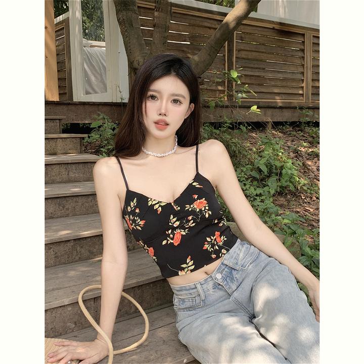 黑色碎花吊带背心女夏季复古v领修身气质内搭外穿设计感短款上衣