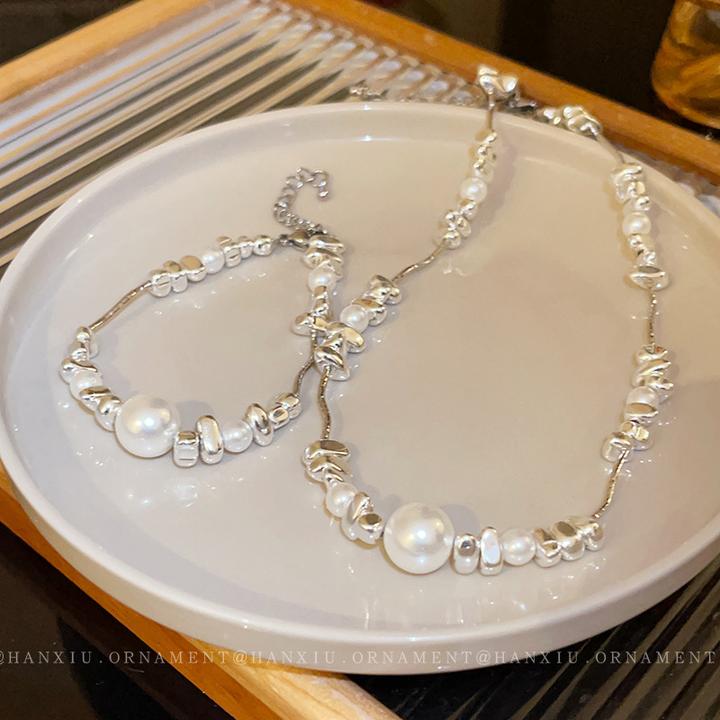 钛钢仿珍珠项链 不规则拼接项链法式时尚个性锁骨链气质百搭项饰