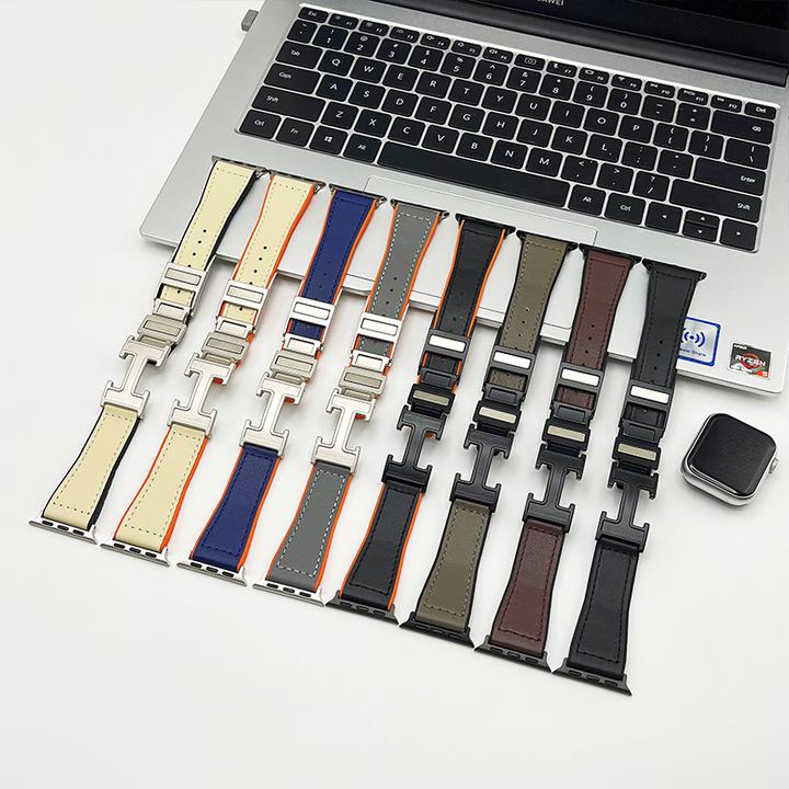 适用苹果手表iwatch S10/9/8/7/6/ultra2磁吸表带H扣真皮商务休闲