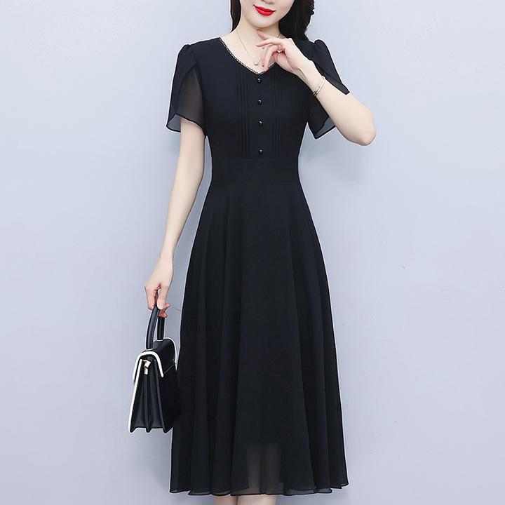 气质雪纺连衣裙女2025年新款夏季别致时尚短袖轻熟风黑色a字裙子