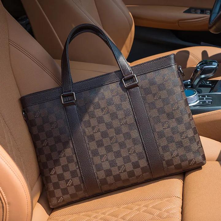 英皇保罗轻奢格纹真皮男手提包公文包商务头层牛皮手提包单肩包