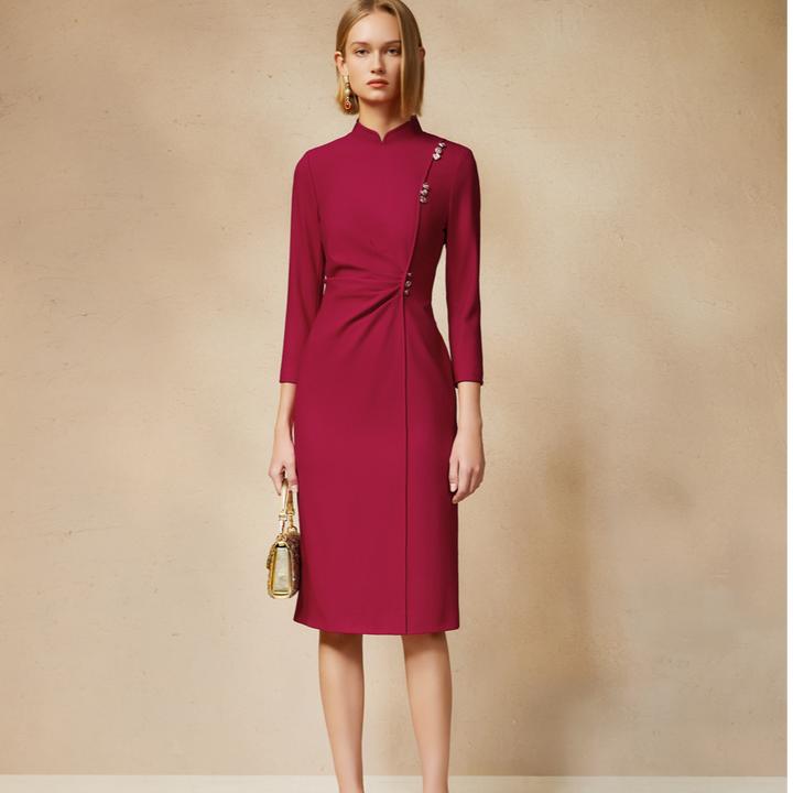 Song of Song歌中歌玫红玫瑰花钻扣装饰旗袍连衣裙5C64515016