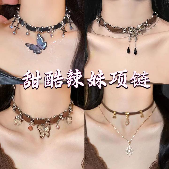 合金皮质项链 美拉德重工蝴蝶项链甜酷辣妹choker颈链皮革锁骨链