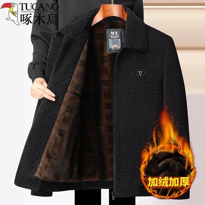 啄木鸟秋冬款中年爸爸装毛呢外套雪尼尔可拆翻领加绒加厚夹克大衣