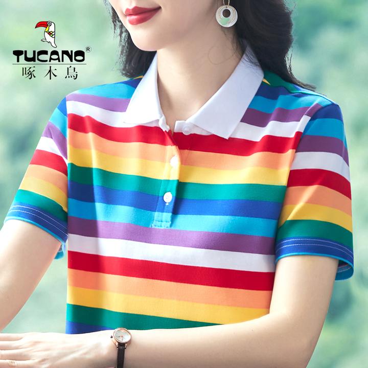 啄木鸟正品洋气条纹T恤女夏季新款气质中年妈妈大码显瘦百搭上衣