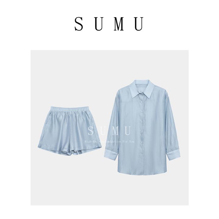 宿慕SUMU 女款衬衫+短裤两件套 6-16 夏季2024新款韩版套装88108