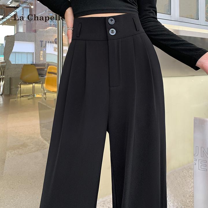 拉夏贝尔西装阔腿裤女春秋夏季高腰小个子黑色高级感垂感直筒裤子