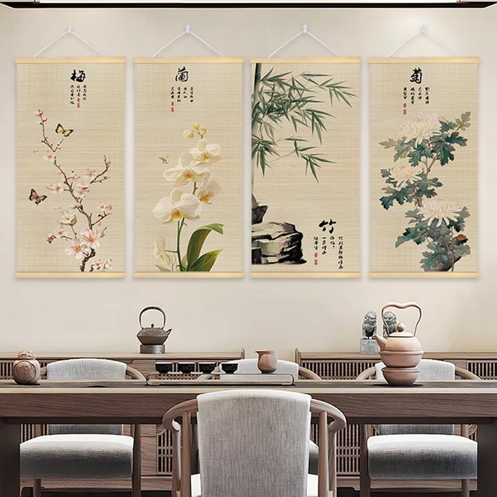 中国风竹艺画梅兰竹菊新中式竹帘画客厅背景装饰画餐厅茶室挂画