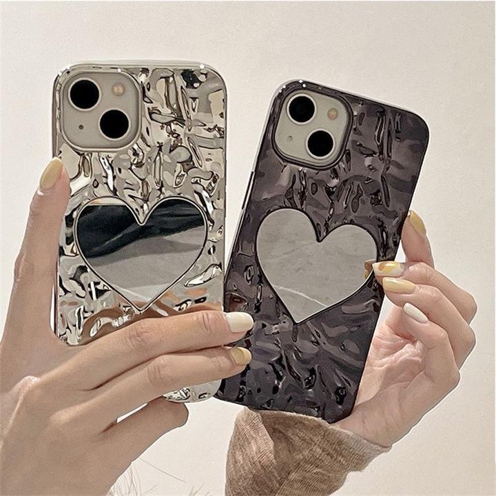 褶皱爱心镜子适用iPhone14苹果11/1213ProMax手机壳xr防摔7/8plus