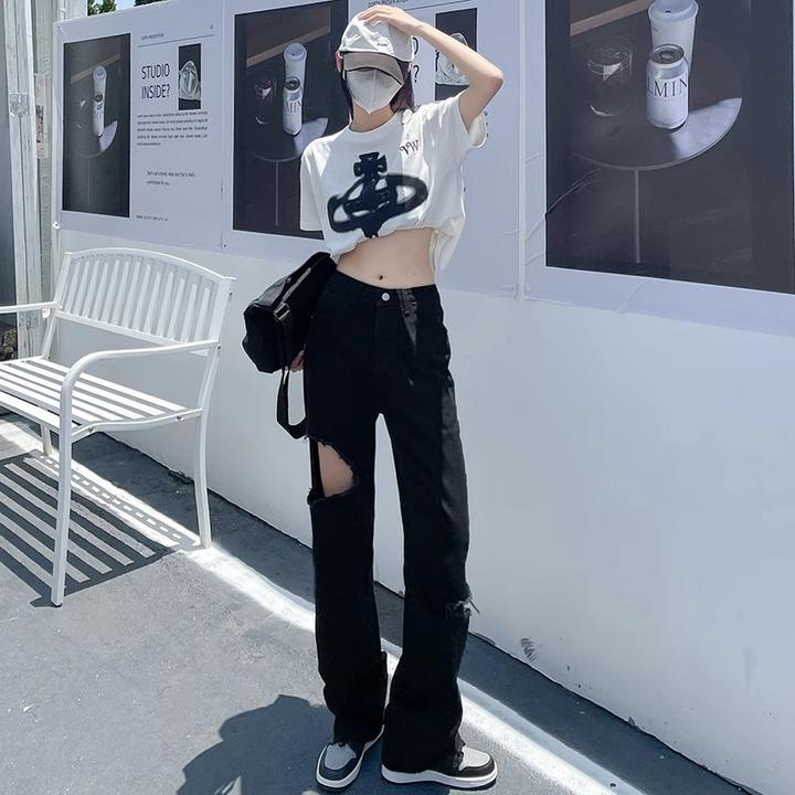 黑色破洞辣妹夏季中腰牛仔裤2025新款直筒显瘦显高拖地裤阔腿裤潮