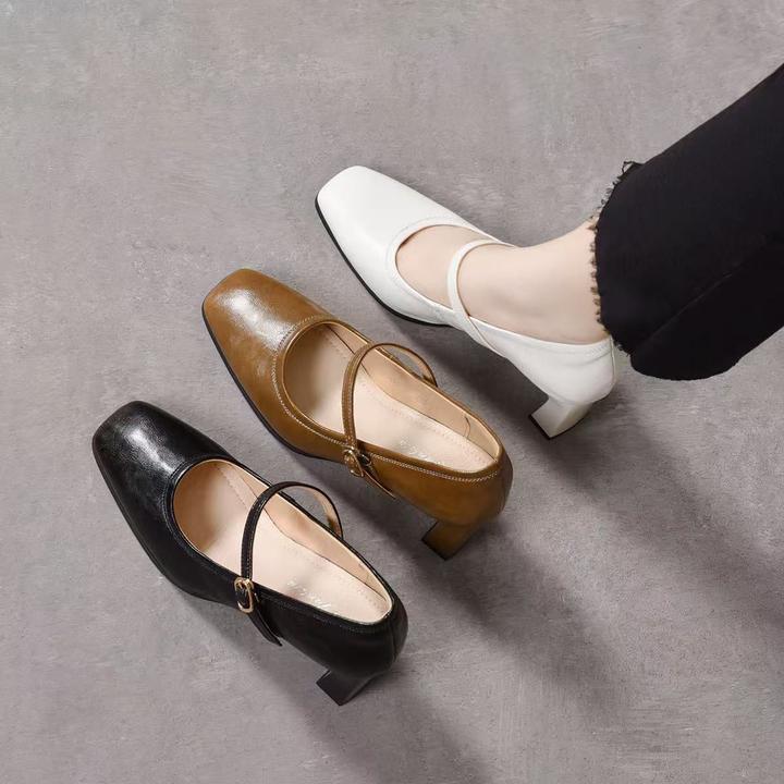 复古法式单鞋女2025新款春季旗袍粗跟小皮鞋一字扣带中跟玛丽珍鞋