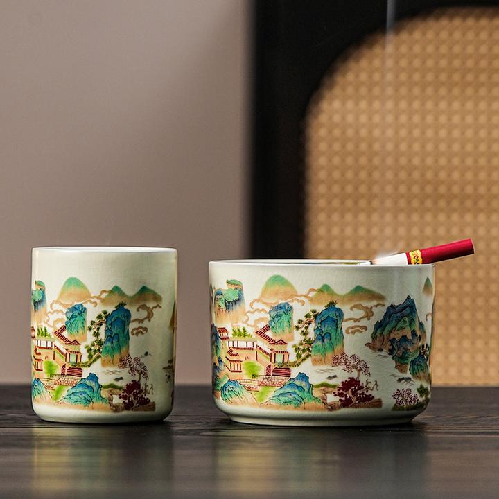 家用汝窑烟灰缸大容量防飞灰中式客厅卧室酒店办公室卫生间灭烟