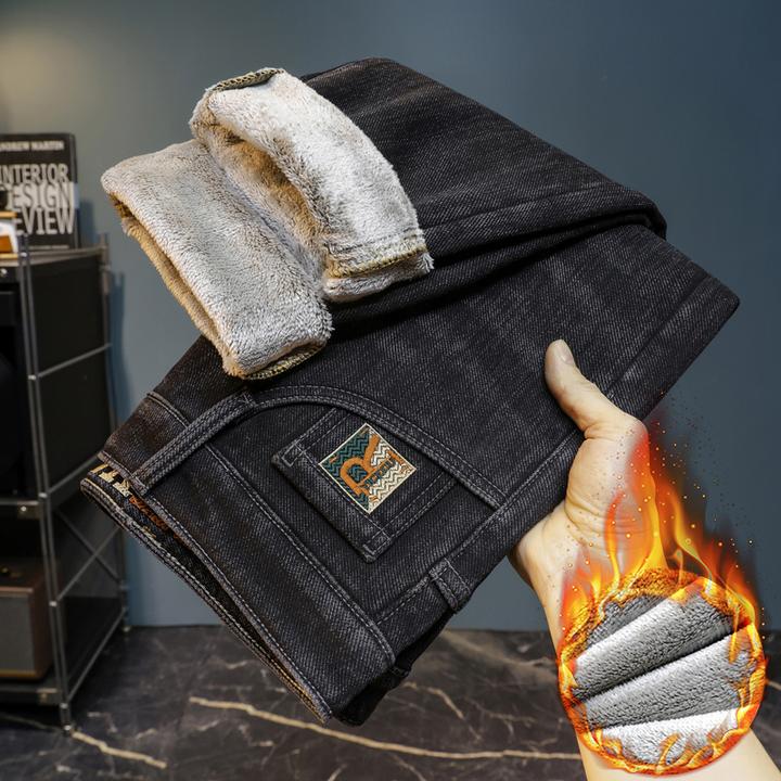 男士牛仔裤加绒男款2025秋冬款轻奢刺绣雪狐绒保暖加厚百搭长裤男