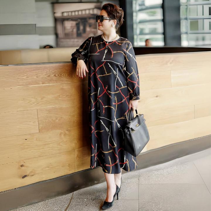 向红同学2025早秋季女装宽松女装贵气高雅显瘦长袖大码连衣裙0337