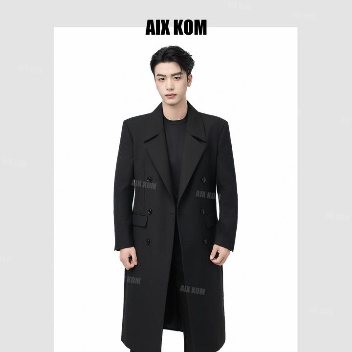 AIX KOM｜2025简约秋冬中长款风衣黑色西装领青春流行男士长款