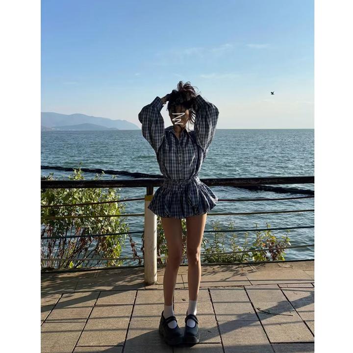“甜心辣妹”蓝调纯欲复古格纹衬衫松紧高腰蓬蓬裙裤两件套装女