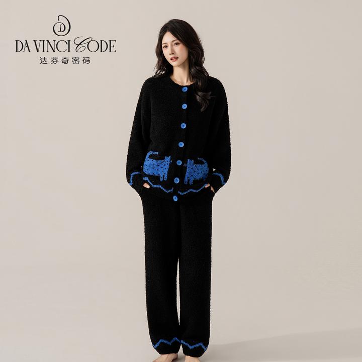 柔软半边绒睡衣女长袖可外穿秋冬贴身保暖套装蓝色小猫