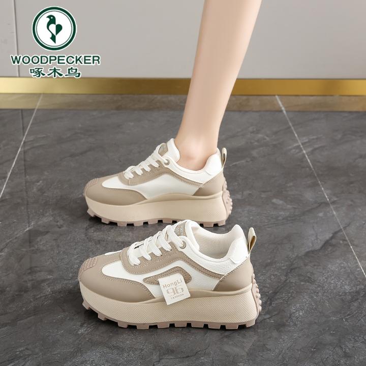 啄木鸟阿甘女鞋春季爆款百搭显脚小增高老爹鞋休闲跑步皮面运动鞋