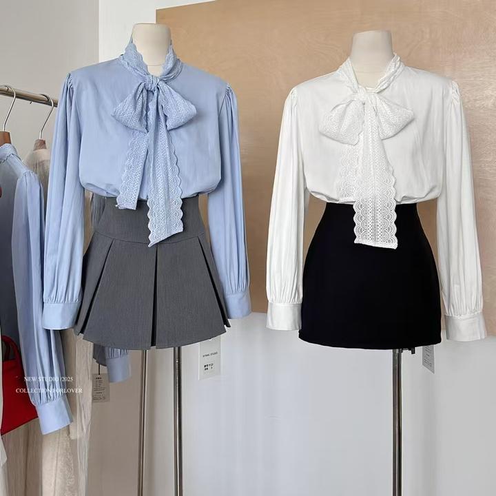 T蝴蝶结系带法式衬衫女春秋新款设计感长袖衬衣精致内搭上衣