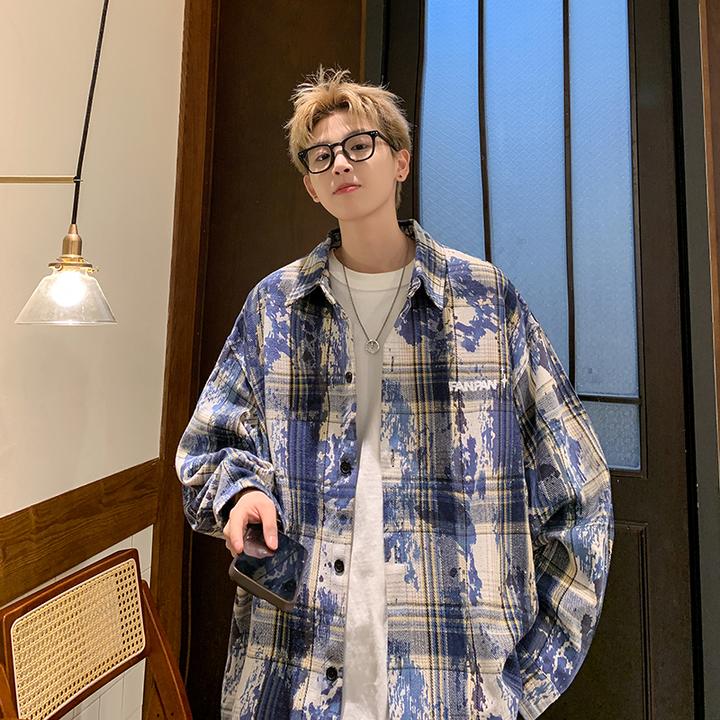 2025秋季新款港风扎染格子衬衫男高级感痞帅长袖衬衣美式情侣外套