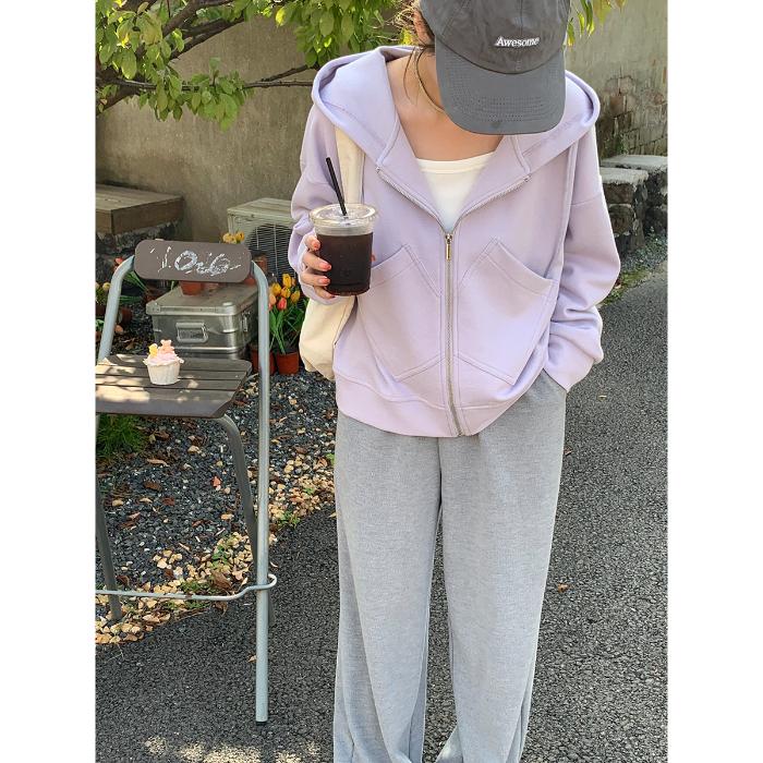 可欣紫色连帽宽松卫衣女长袖拉链开衫冬季新款聚酯纤维休闲风