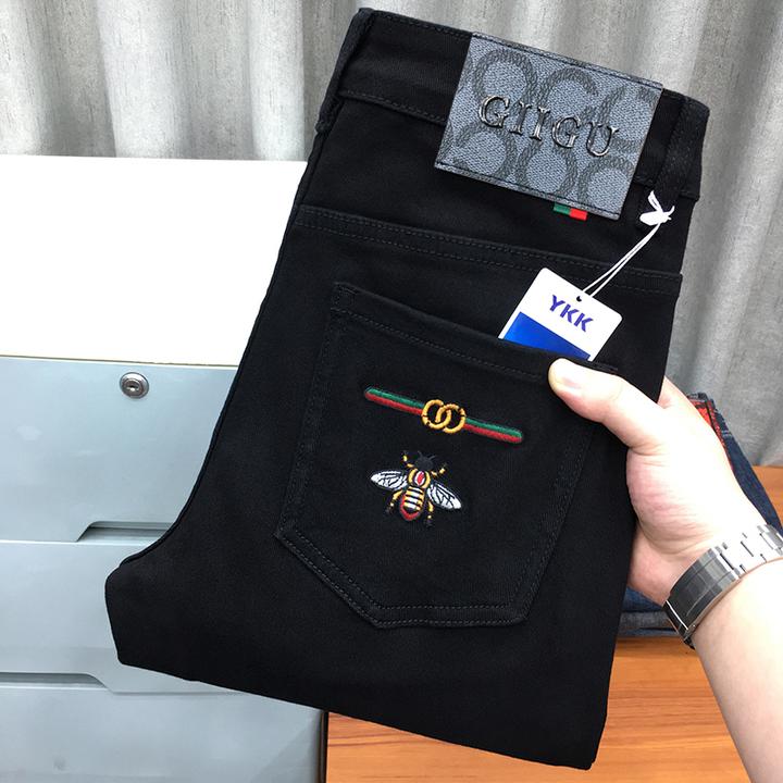FANCBUDY刺绣牛仔裤男秋冬款欧货高端潮牌高弹力纯黑色休闲长裤