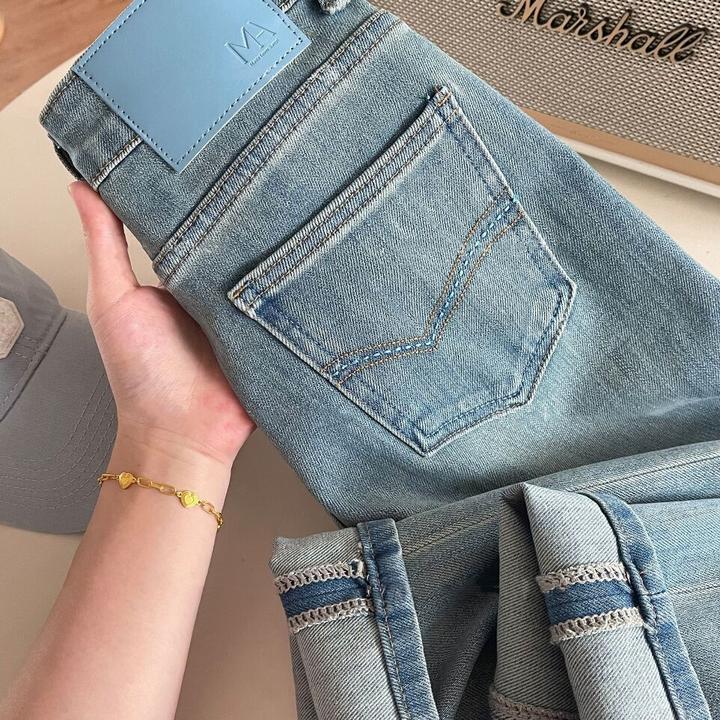 早秋舒适款九分牛仔裤女爆款2025新浅色窄版直筒法棍小个子烟管裤