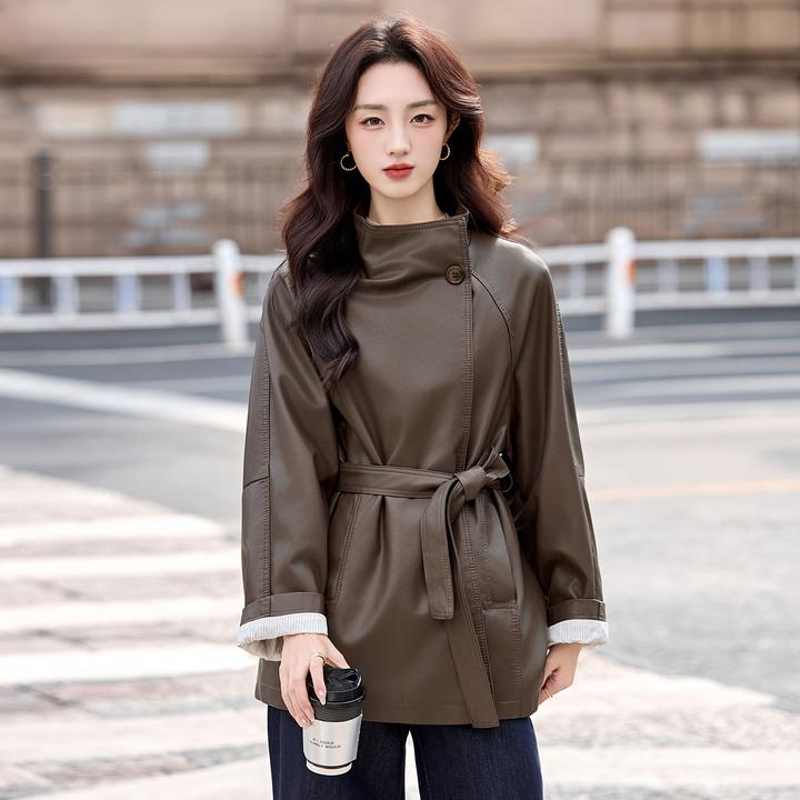 pu2025秋冬季新款复古休闲宽松立领系带皮夹克加绒皮衣外套 WA981