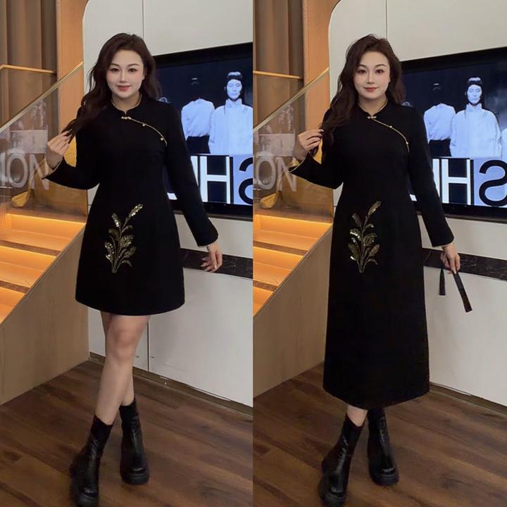 花菜微胖定制~【穗穗平安】秋冬新款复古设计麦穗亮片新中式连衣裙