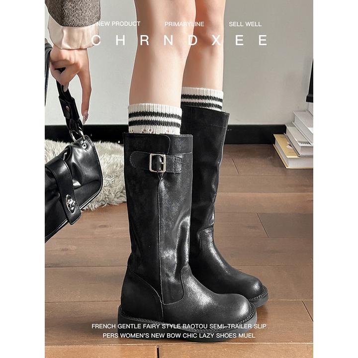 设计感~韩版高级宽筒厚底长筒靴女秋冬新款金属皮带扣粗跟高筒靴