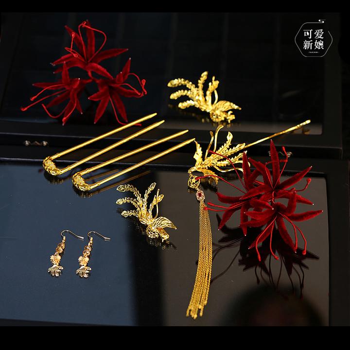 新娘晨袍头饰复古红色绒花金色凤簪新中式发饰旗袍秀禾配饰HF2135