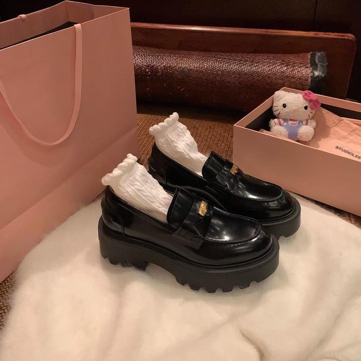 〖万达撤柜〗现货牛皮版小金币尖圆头粗跟一脚蹬休闲百搭乐福鞋女