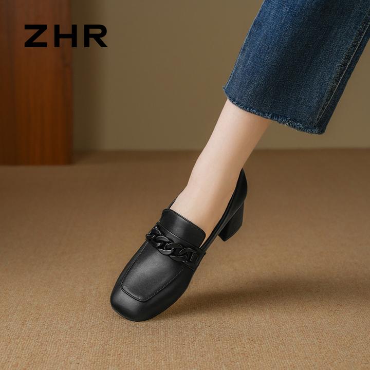 ZHR 外穿乐福鞋女百搭2025新款牛皮秋季单鞋女方头一脚蹬粗跟鞋子