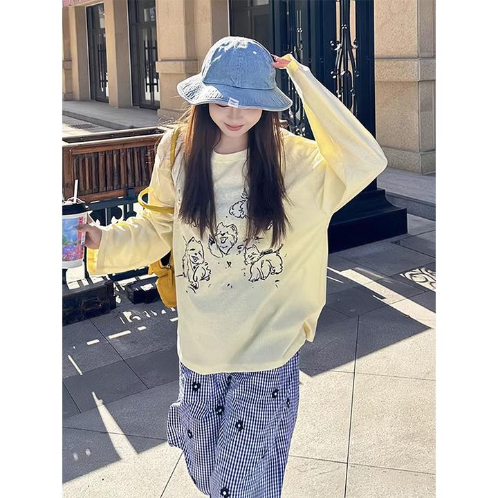 美式复古长袖T恤女春季新款卡通印花薄款防晒罩衫宽松休闲上衣潮