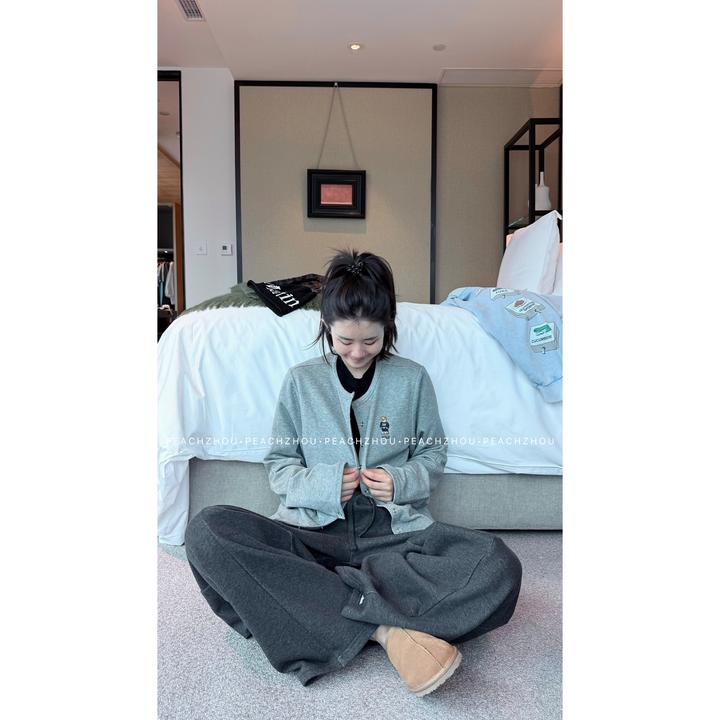 『PEACHZHOU』小熊POLO刺绣宽松圆领系扣毛圈外套休闲减龄卫衣开衫