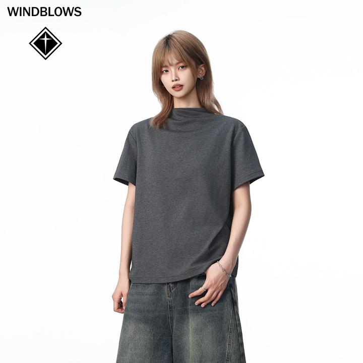 WIND BLOWS夏季半高交叉领短袖修身正肩纯色百搭休闲T恤