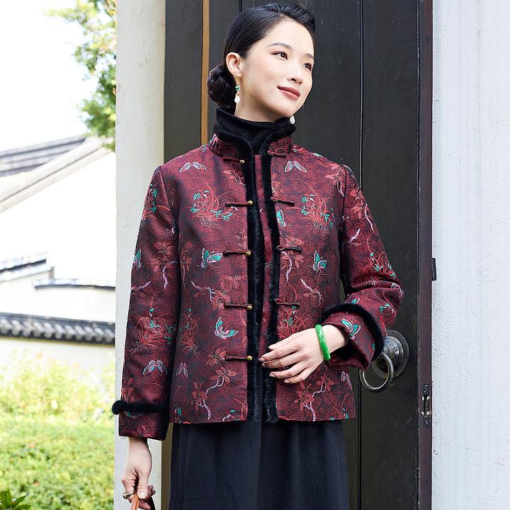 【百蝶图】桑蚕丝螺钿锦唐装夹棉中开保暖厚国风复古外套上衣W25304