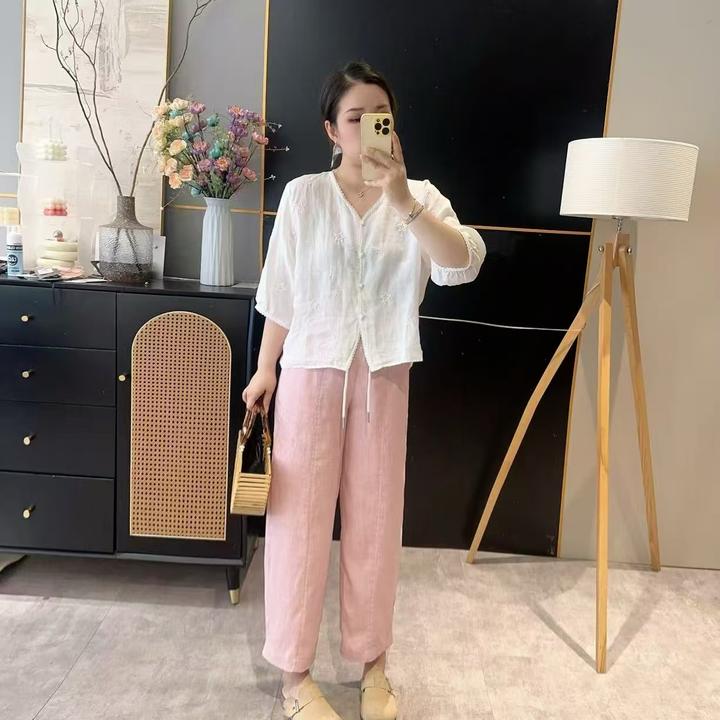 【欧加粒粒】高级感轻奢100亚麻九分汽球裤夏款松紧腰休闲 KX95031