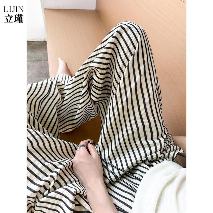 黑白条纹阔腿裤女夏季薄款宽松直筒慵懒松弛遛弯裤女款弯刀阔腿裤