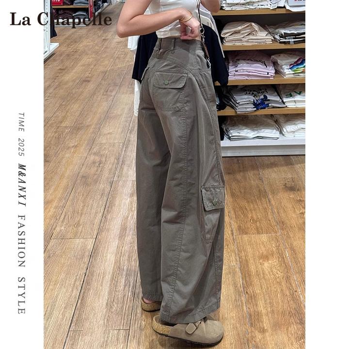 拉夏贝尔美式军绿色多口袋弯刀裤女2025早秋新款宽松阔腿工装裤子