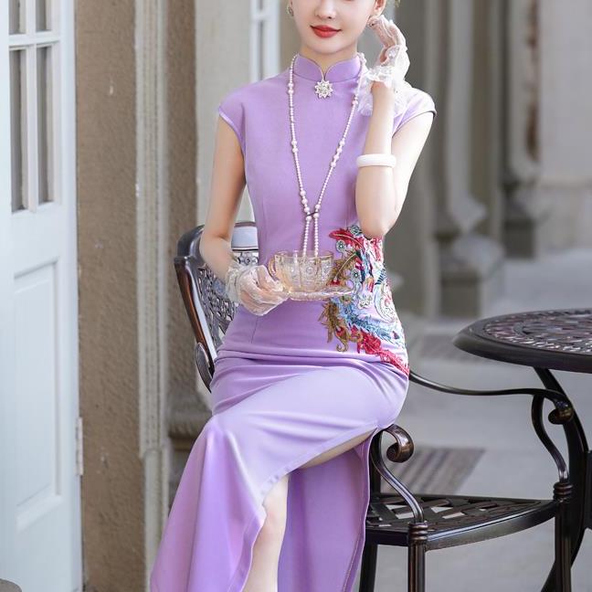 紫色新中式形体旗袍2025新款女夏季改良版日常可穿气质长版洋装