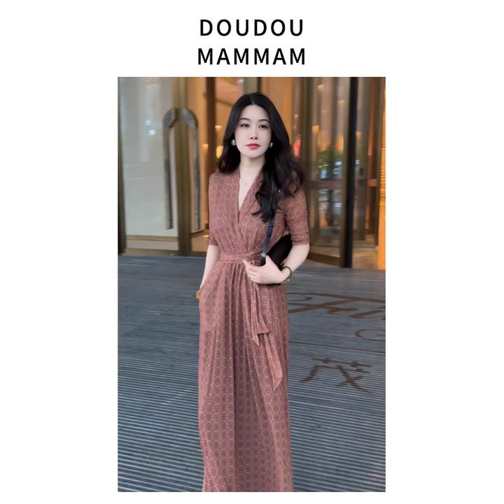 夏季遮肉显瘦V领网纱轻奢收腰气质连衣裙