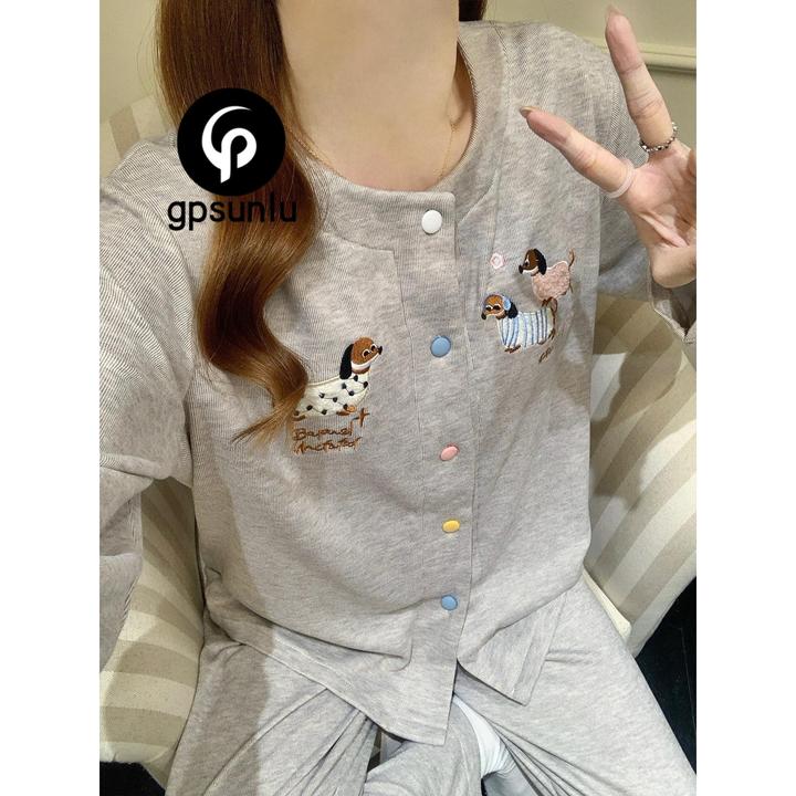 gpsunlu无领薄绒睡衣女款春秋冬季可爱卡通刺绣带胸垫长袖家居服